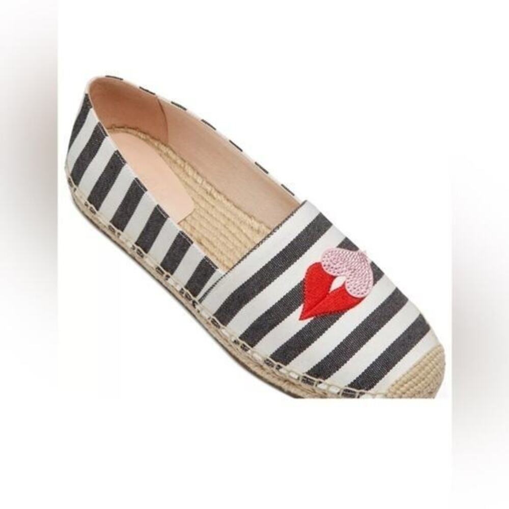 EUC KATE SPADE BLACK WHITE STRIPES Gimlet Heart Lips Espadrille Flats SZ 7
